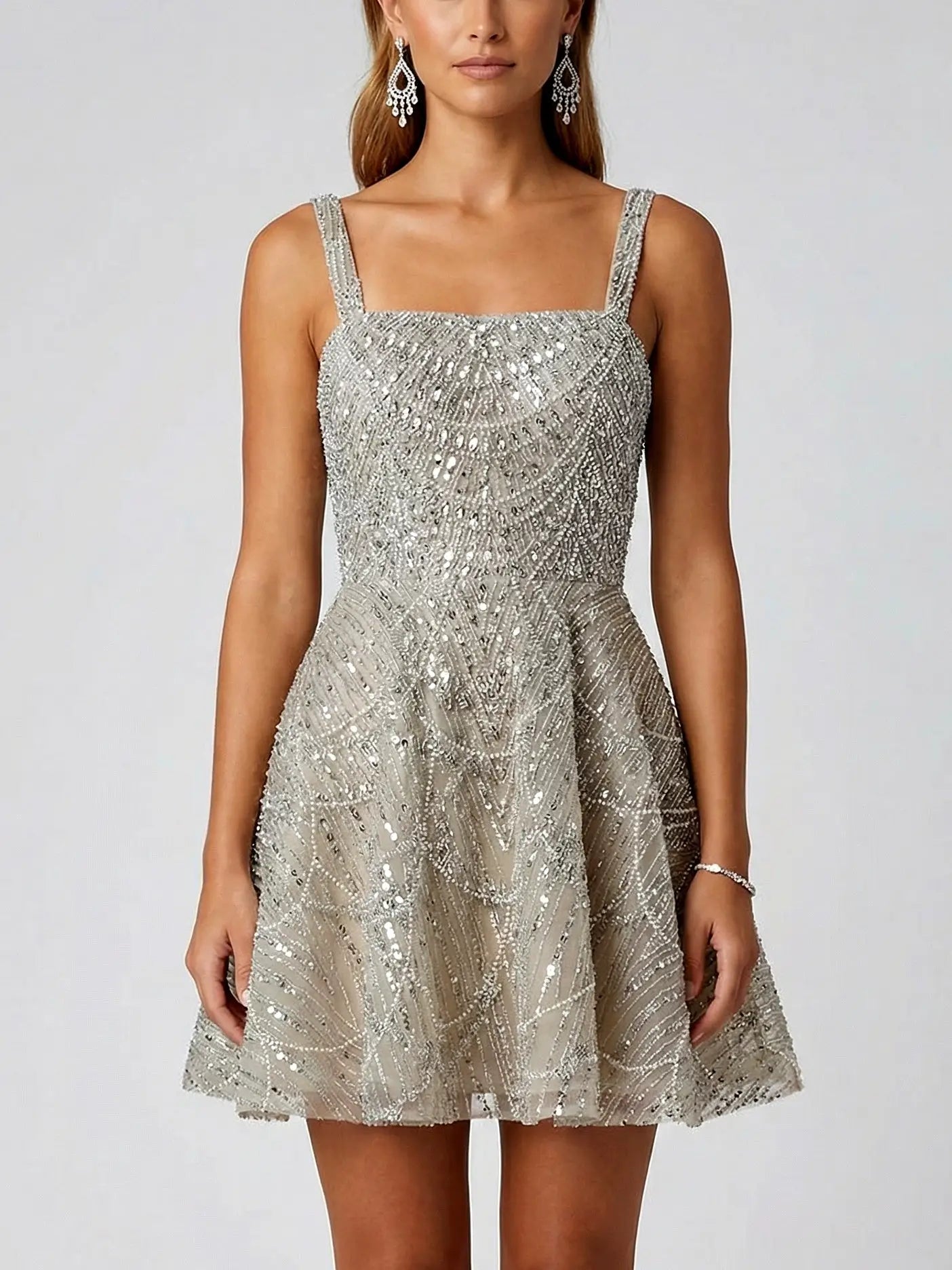 Champagne Fully Embellished Fit-and-Flare Mini Dress - Dresses