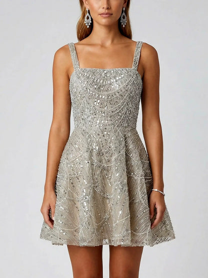 Champagne Fully Embellished Fit-and-Flare Mini Dress - Dresses