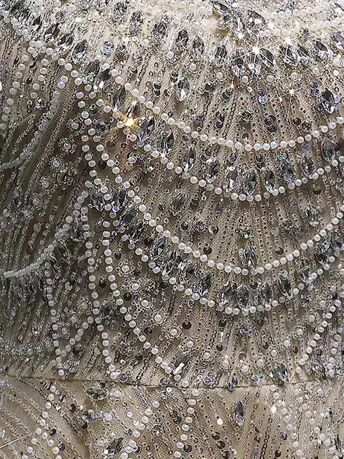 Champagne Fully Embellished Fit-and-Flare Mini Dress - Dresses