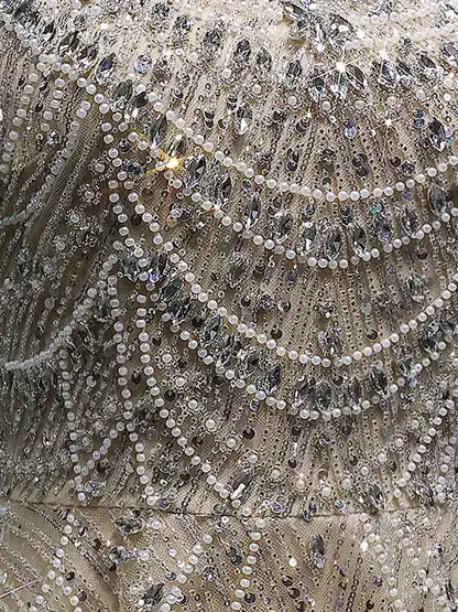 Champagne Fully Embellished Fit-and-Flare Mini Dress - Dresses