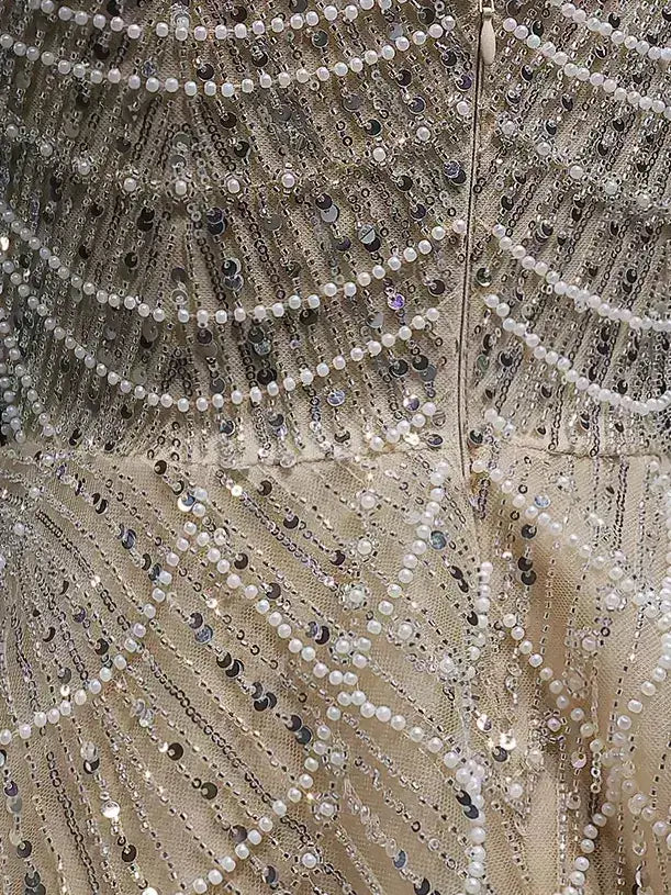 Champagne Fully Embellished Fit-and-Flare Mini Dress - Dresses