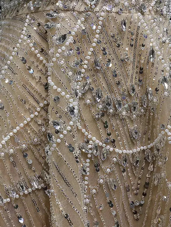 Champagne Fully Embellished Fit-and-Flare Mini Dress - Dresses