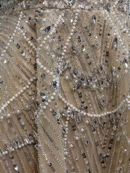 Champagne Fully Embellished Fit-and-Flare Mini Dress - Dresses