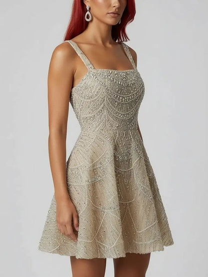 Champagne Fully Embellished Fit-and-Flare Mini Dress - Dresses