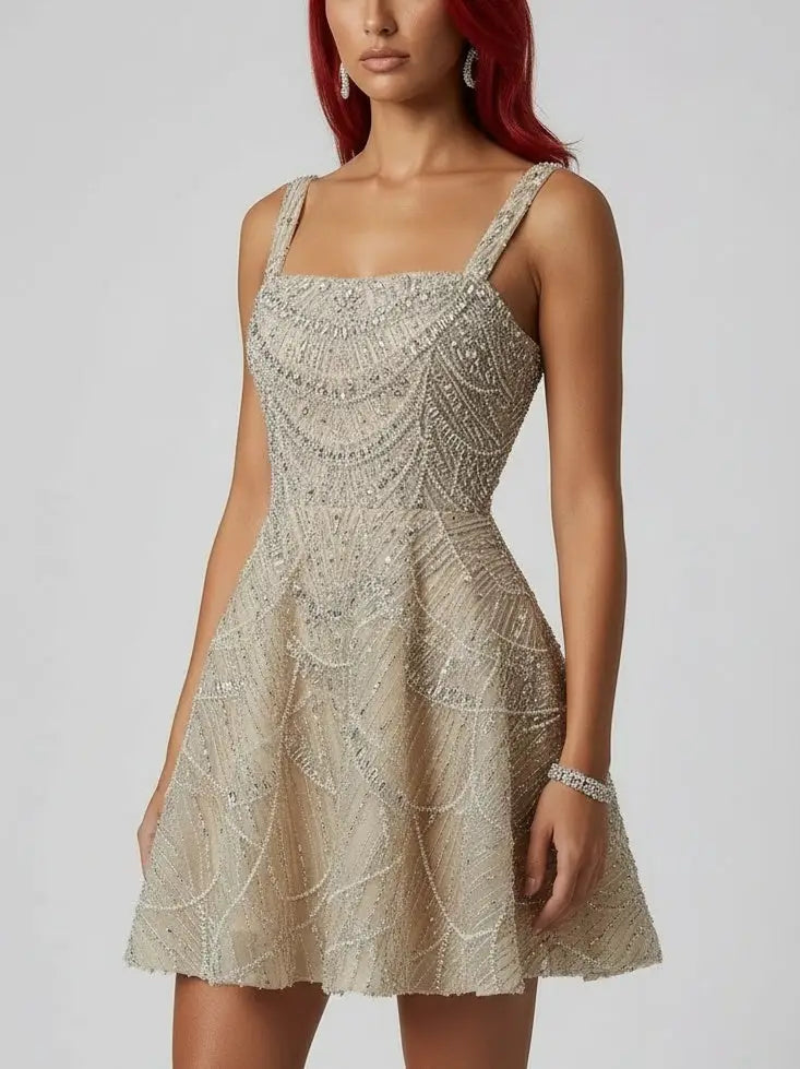 Champagne Fully Embellished Fit-and-Flare Mini Dress - Dresses