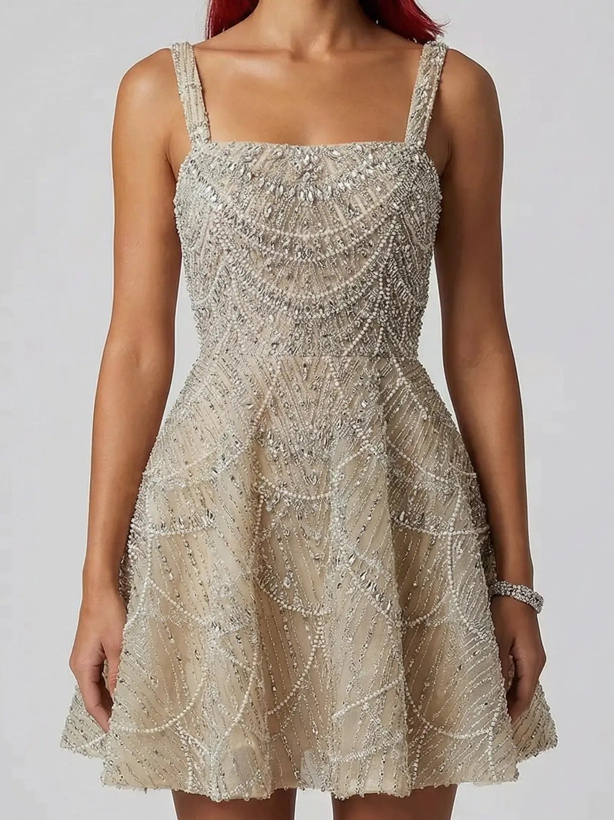 Champagne Fully Embellished Fit-and-Flare Mini Dress - Dresses