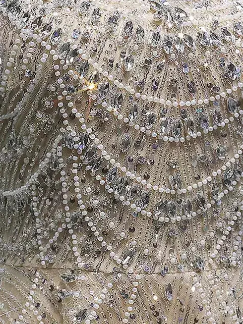 Champagne Fully Embellished Fit-and-Flare Mini Dress - Dresses