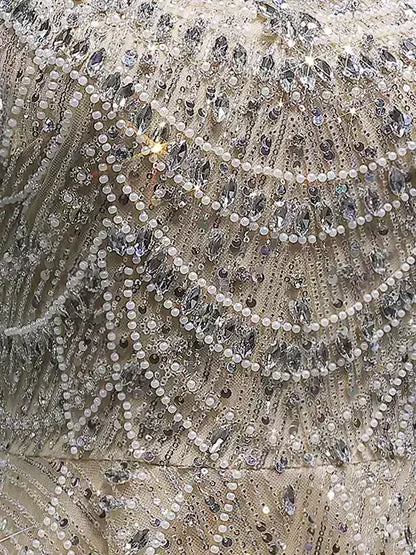 Champagne Fully Embellished Fit-and-Flare Mini Dress - Dresses