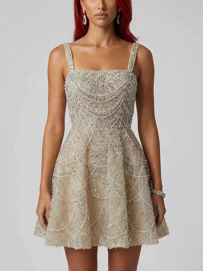 Champagne Fully Embellished Fit-and-Flare Mini Dress - Dresses