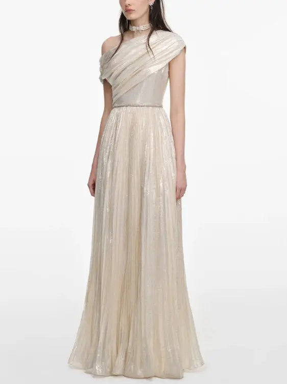 Champagne One-Shoulder Metallic Pleated Evening Gown - Dresses