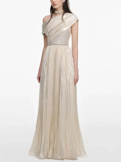 Champagne One-Shoulder Metallic Pleated Evening Gown - Dresses