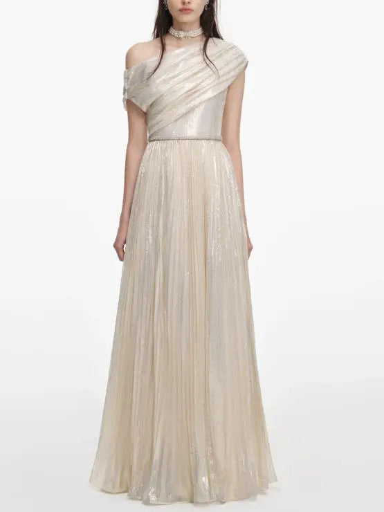 Champagne One-Shoulder Metallic Pleated Evening Gown - Dresses