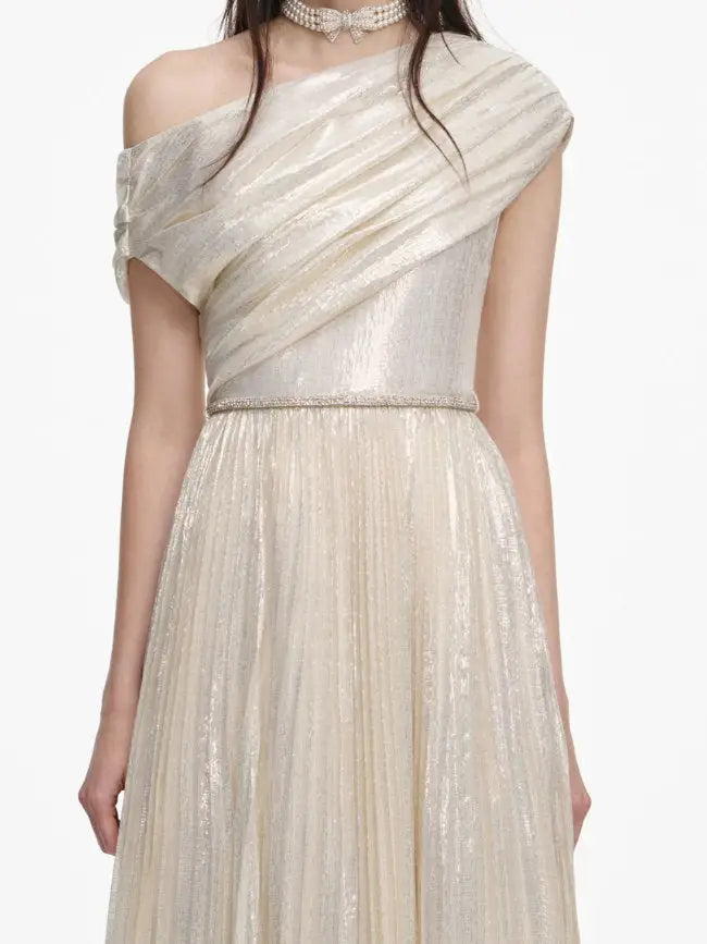 Champagne One-Shoulder Metallic Pleated Evening Gown - Dresses