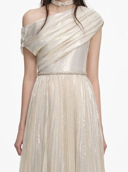 Champagne One-Shoulder Metallic Pleated Evening Gown - Dresses