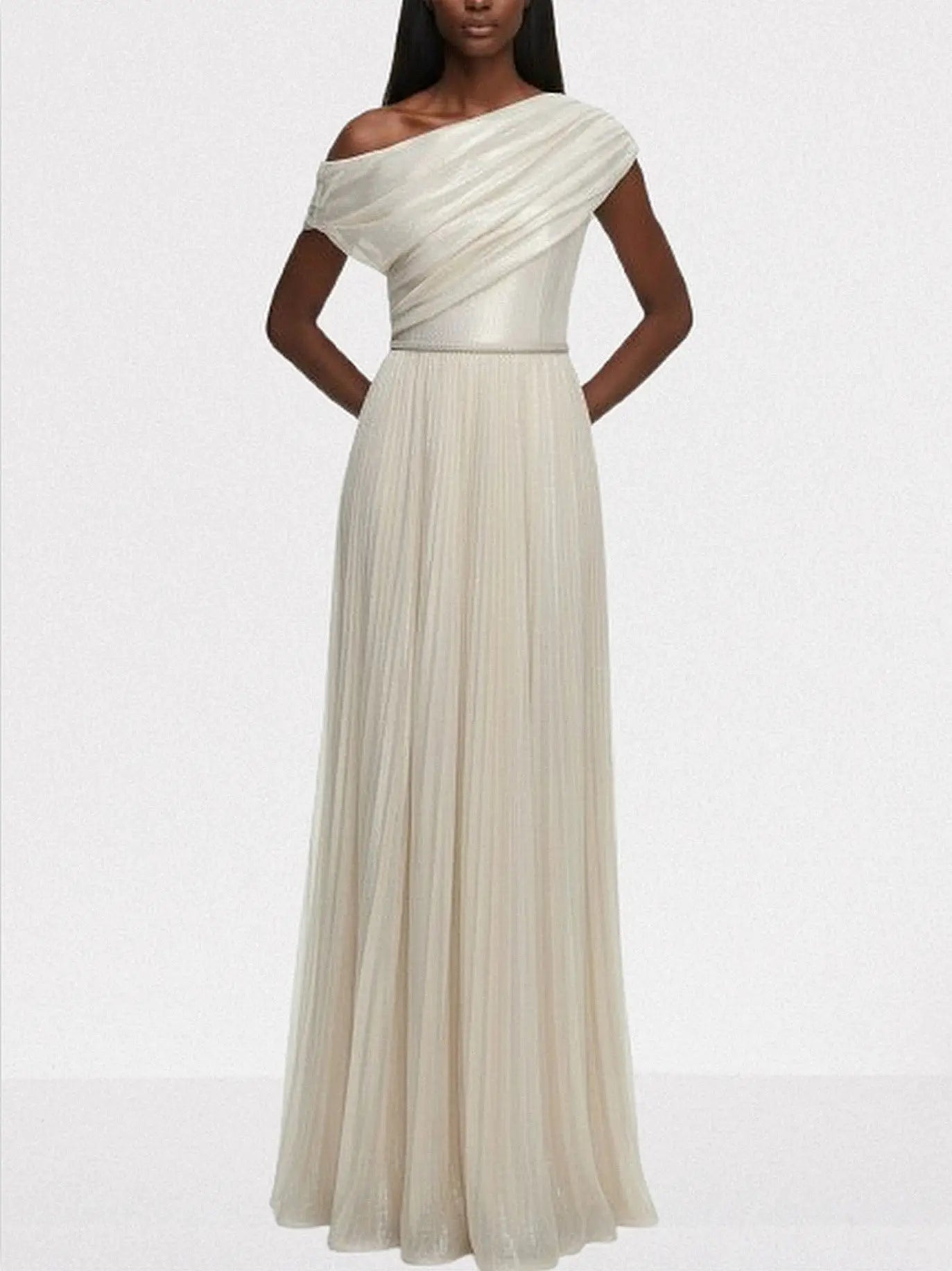 Champagne One-Shoulder Metallic Pleated Evening Gown - Dresses