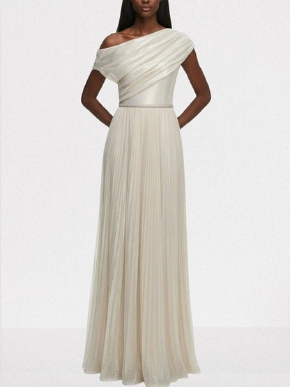 Champagne One-Shoulder Metallic Pleated Evening Gown - Dresses