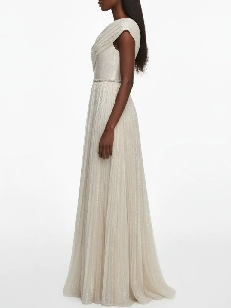 Champagne One-Shoulder Metallic Pleated Evening Gown - Dresses