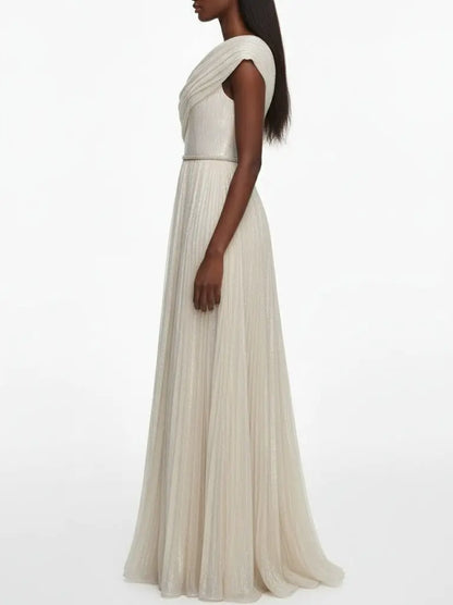 Champagne One-Shoulder Metallic Pleated Evening Gown - Dresses
