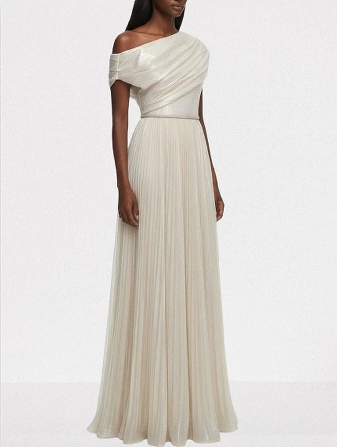 Champagne One-Shoulder Metallic Pleated Evening Gown - Dresses