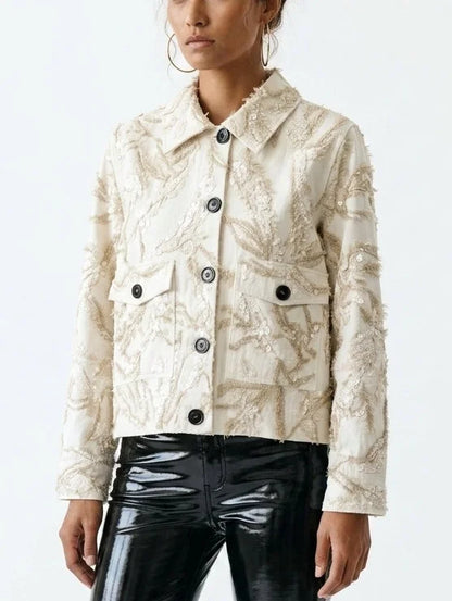 Champagne Textured Sequin Embroidered Jacket - Jackets