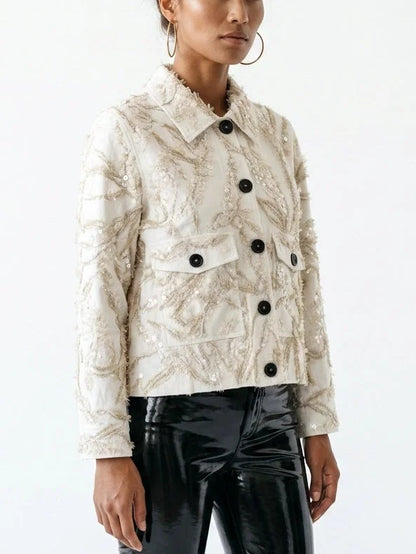 Champagne Textured Sequin Embroidered Jacket - Jackets