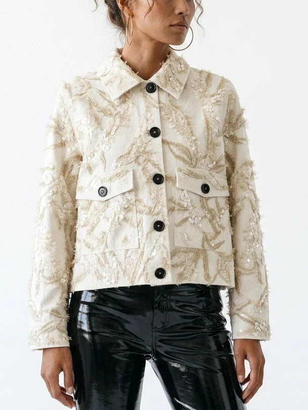 Champagne Textured Sequin Embroidered Jacket - Jackets