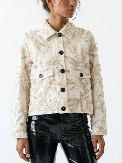 Champagne Textured Sequin Embroidered Jacket - Jackets