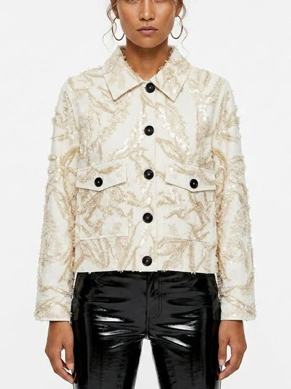 Champagne Textured Sequin Embroidered Jacket - Jackets