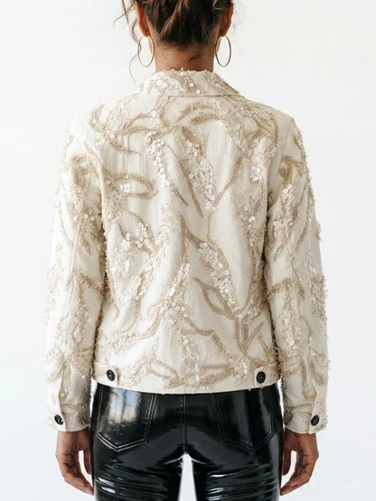 Champagne Textured Sequin Embroidered Jacket - Jackets