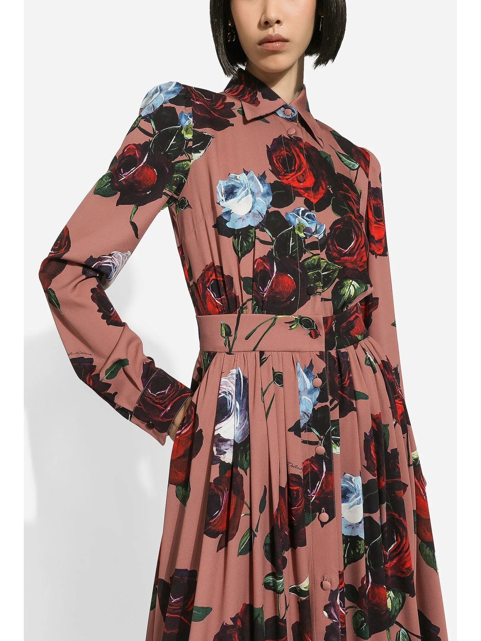 Charmeuse Shirt Dress with Vintage Rose Print - Branna Couture