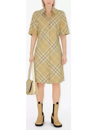 Check Cotton Shirt Dress, Flax - Branna Couture