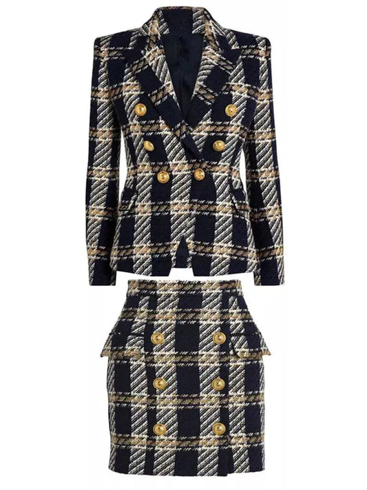 Check Double-Breasted Wool Blazer and Skirt Set - Branna Couture