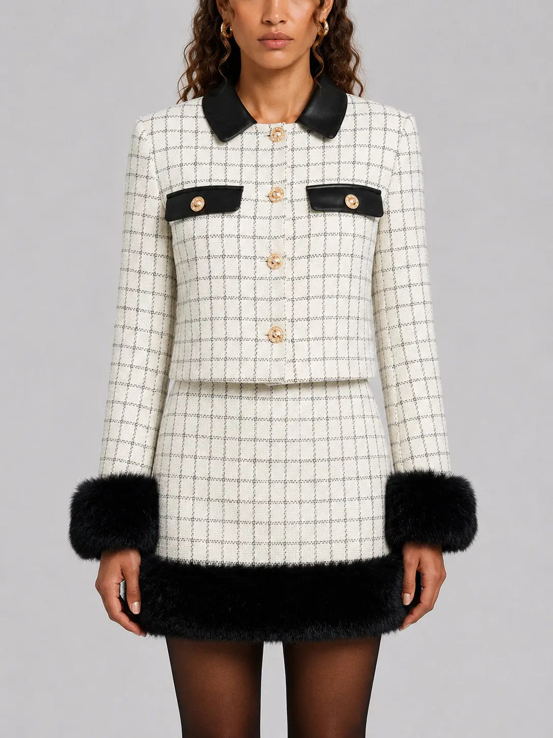 Check Pattern Tweed Jacket and Skirt Set with Faux Fur - Small - Suits & Sets