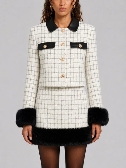 Check Pattern Tweed Jacket and Skirt Set with Faux Fur - Small - Suits & Sets
