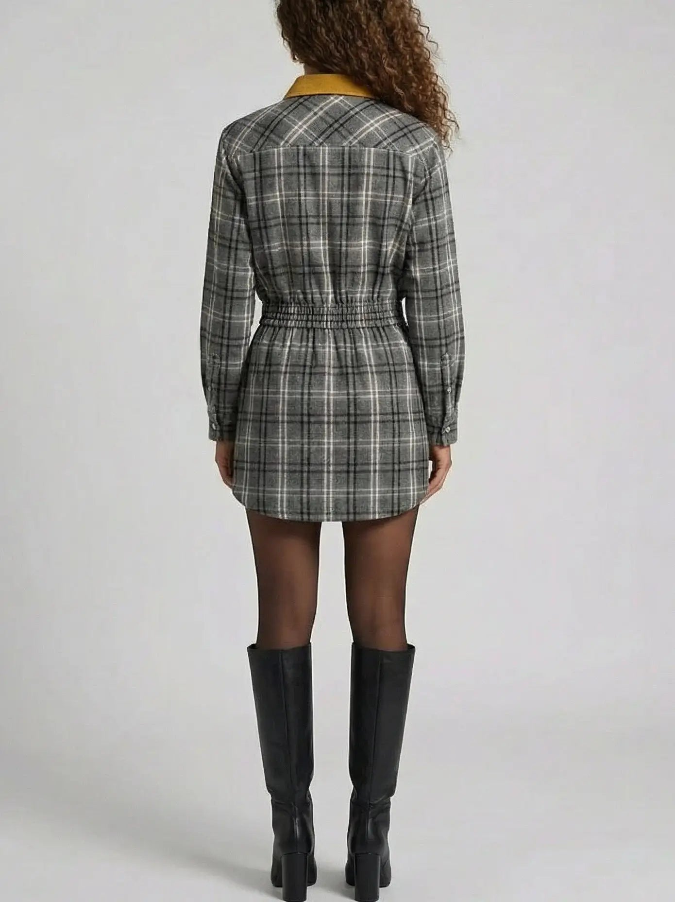 Check Mini Shirt Dress with Contrast Collar - Dresses