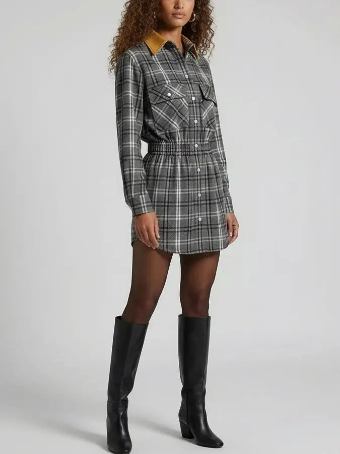 Check Mini Shirt Dress with Contrast Collar - Dresses