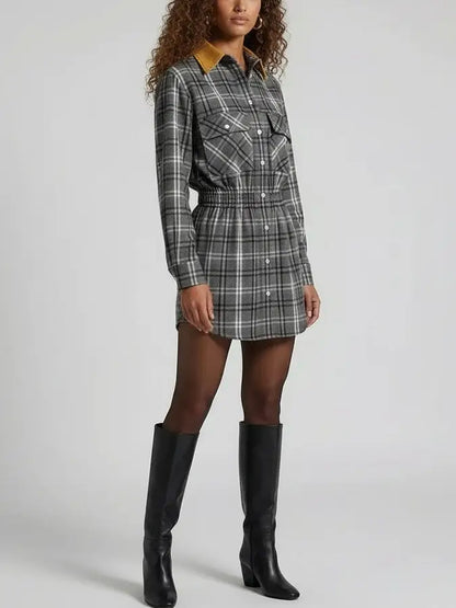 Check Mini Shirt Dress with Contrast Collar - Dresses