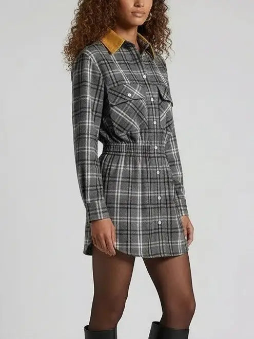 Check Mini Shirt Dress with Contrast Collar - Dresses