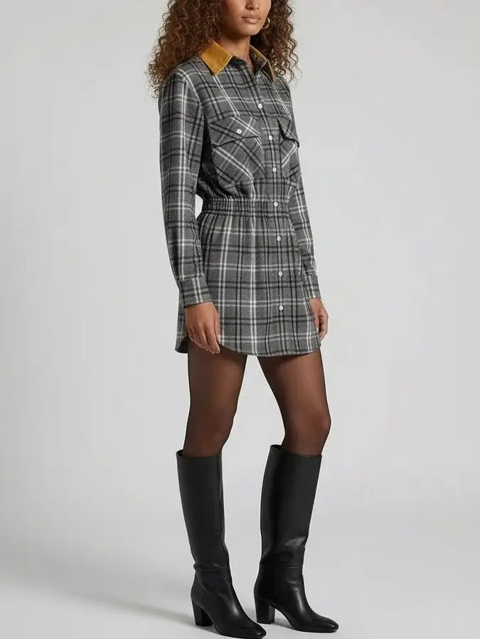 Check Mini Shirt Dress with Contrast Collar - Dresses