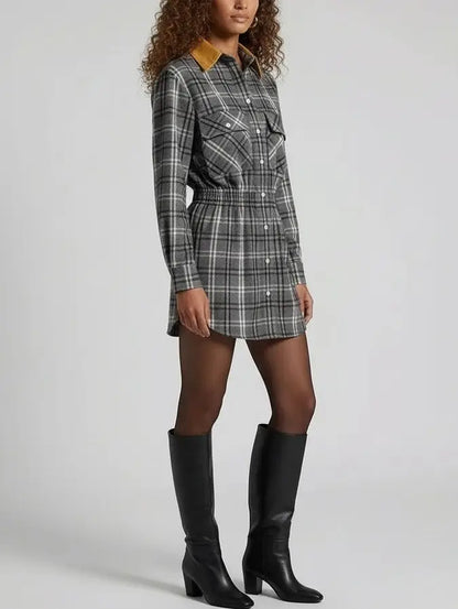 Check Mini Shirt Dress with Contrast Collar - Dresses