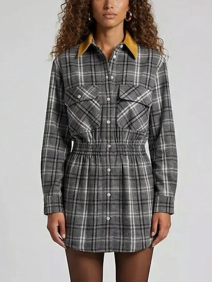 Check Mini Shirt Dress with Contrast Collar - Dresses