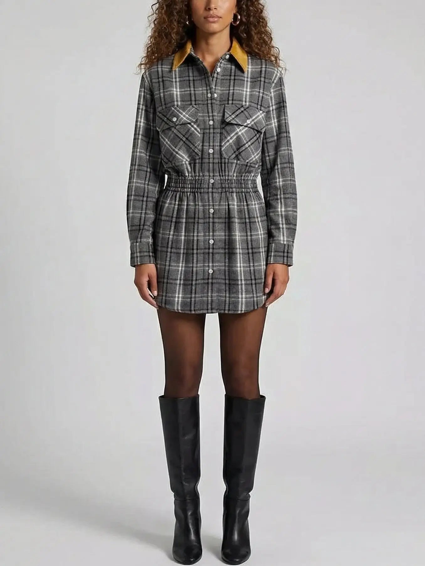 Check Mini Shirt Dress with Contrast Collar - Small - Dresses