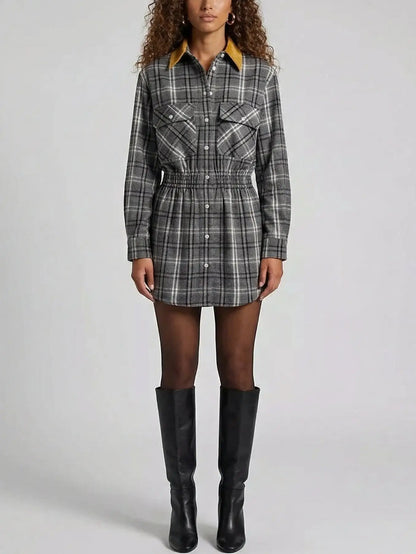 Check Mini Shirt Dress with Contrast Collar - Small - Dresses