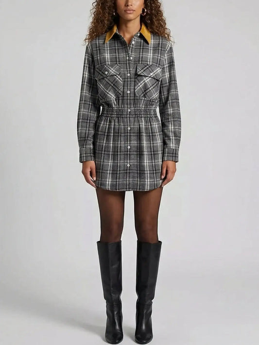 Check Mini Shirt Dress with Contrast Collar - Small - Dresses