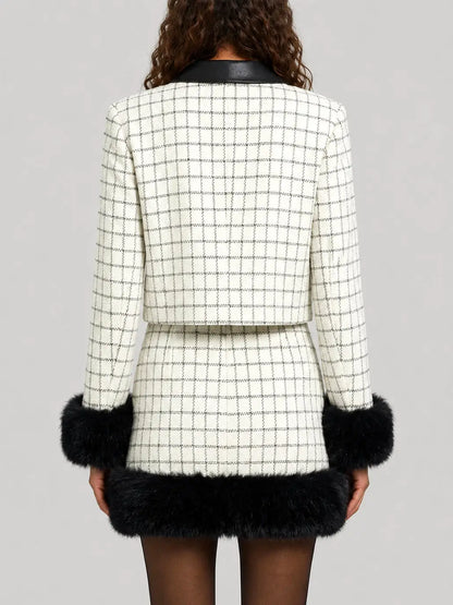 Check Pattern Tweed Jacket and Skirt Set with Faux Fur - Suits & Sets