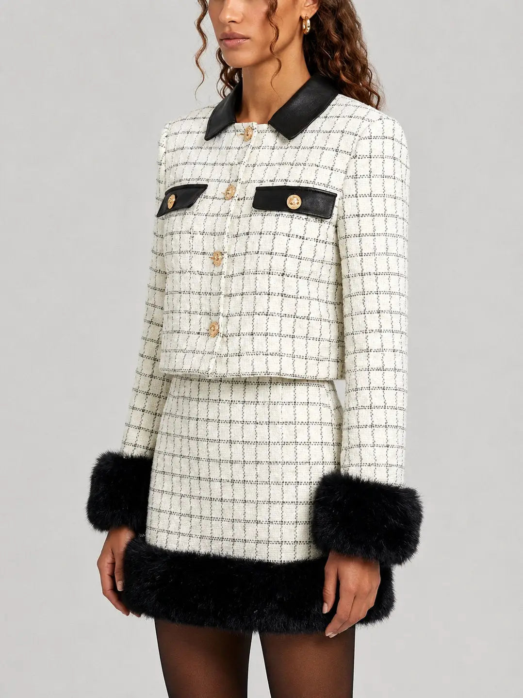 Check Pattern Tweed Jacket and Skirt Set with Faux Fur - Suits & Sets