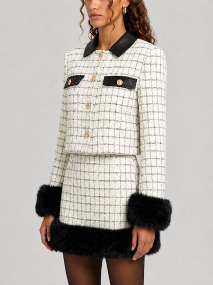 Check Pattern Tweed Jacket and Skirt Set with Faux Fur - Suits & Sets