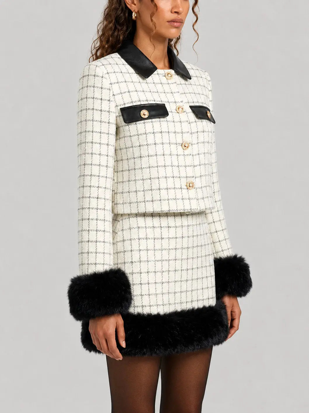 Check Pattern Tweed Jacket and Skirt Set with Faux Fur - Suits & Sets