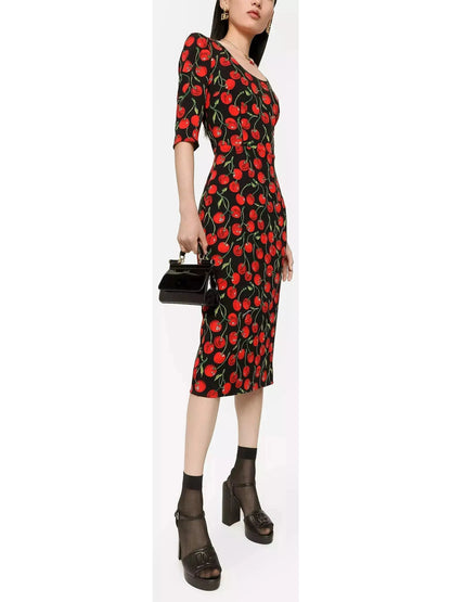 Cherry-Print Charmeuse Calf-Length Dress - Branna Couture