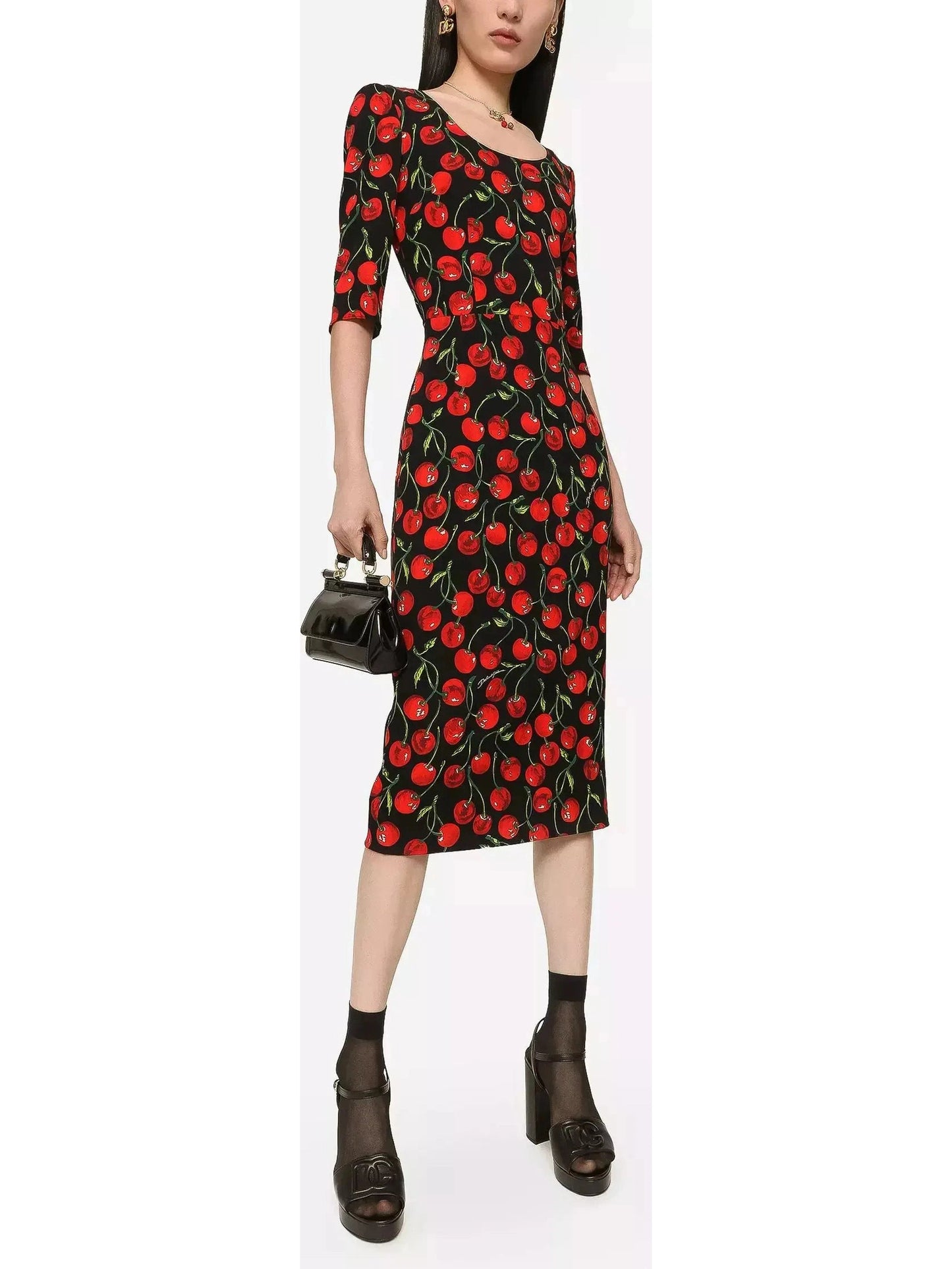 Cherry-Print Charmeuse Calf-Length Dress - Branna Couture